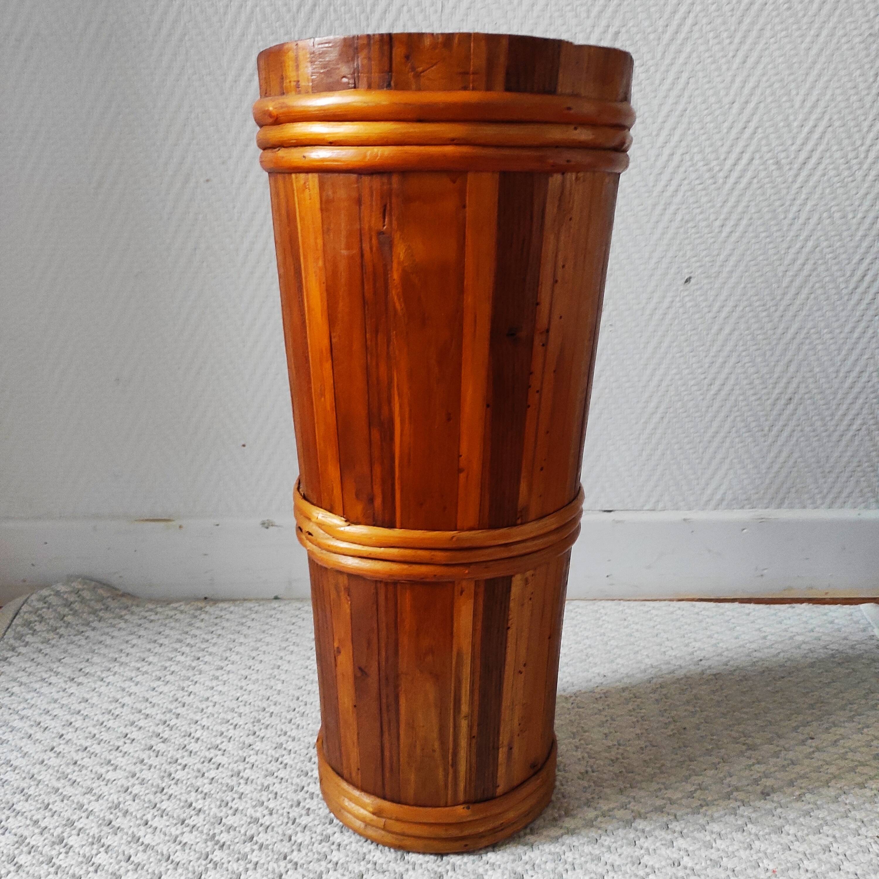 Vintage wooden and rattan umbrella stand