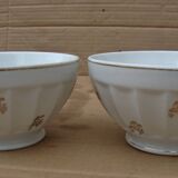 Set of 2 old ribbed white Longchamp porcelain bowls with gold decoration