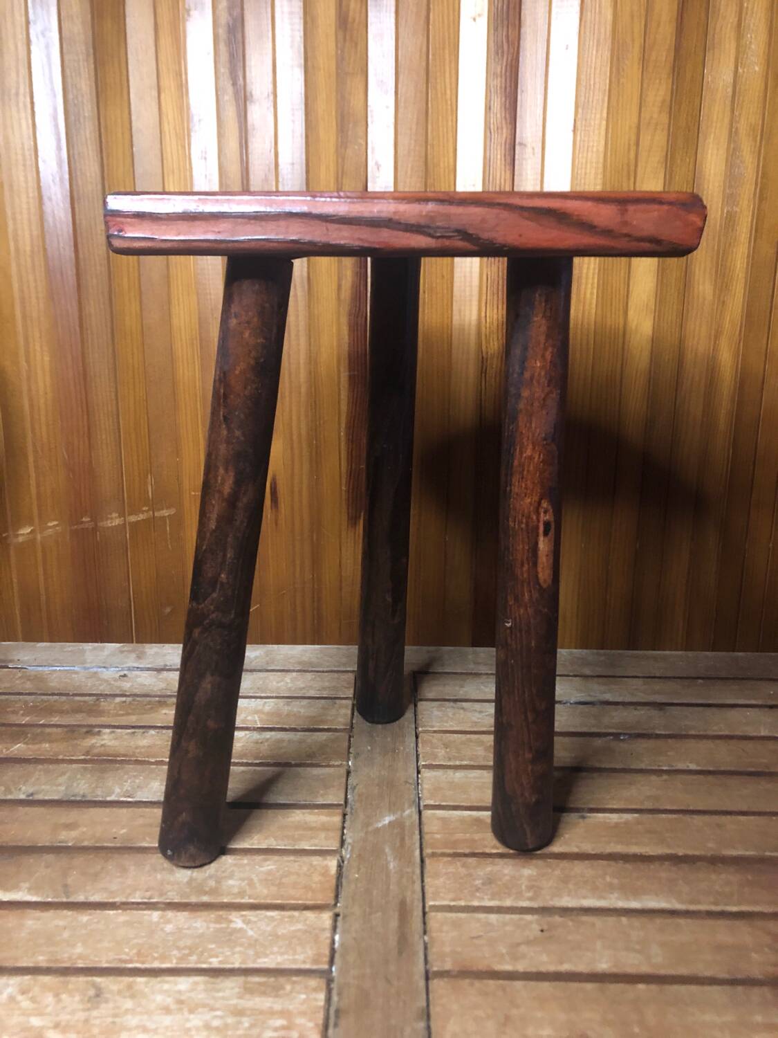 Vintage half moon wooden tripod milking stool #a580