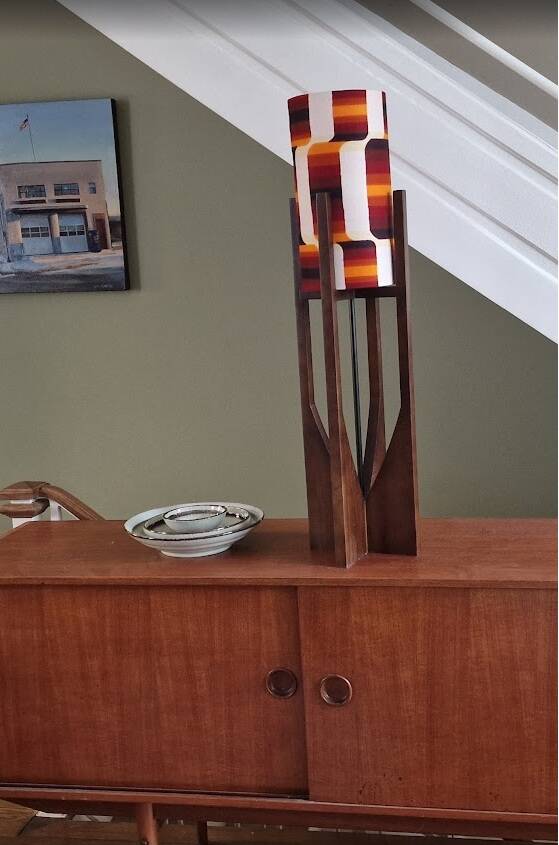 Unique mid-century sculptural walnut lamp – geometric shade