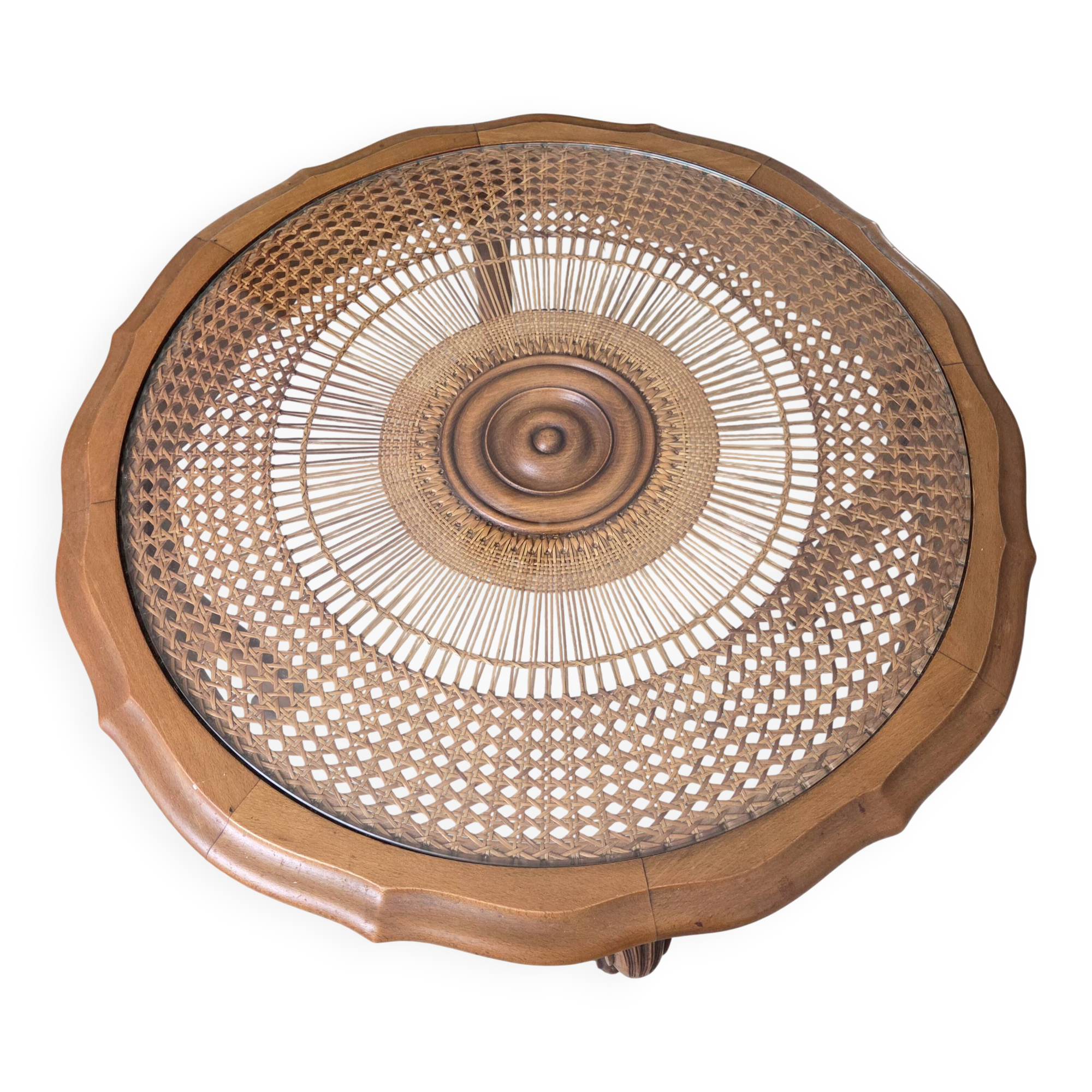Table basse en bois massif et cannage