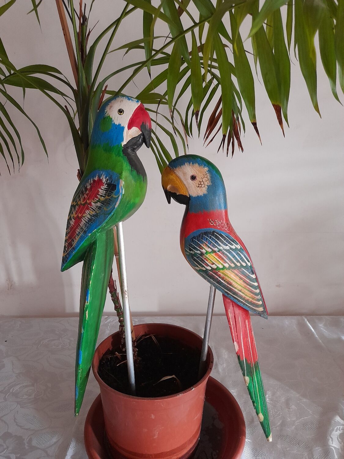 Hand-painted wooden sculpture parrot Vintage exotic macaw