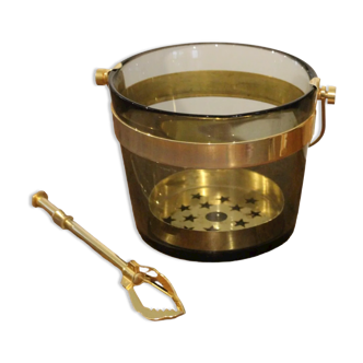 FUGA smoked glass ice bucket with ice clips, design Sven Palmquist for Orrefors, 50s