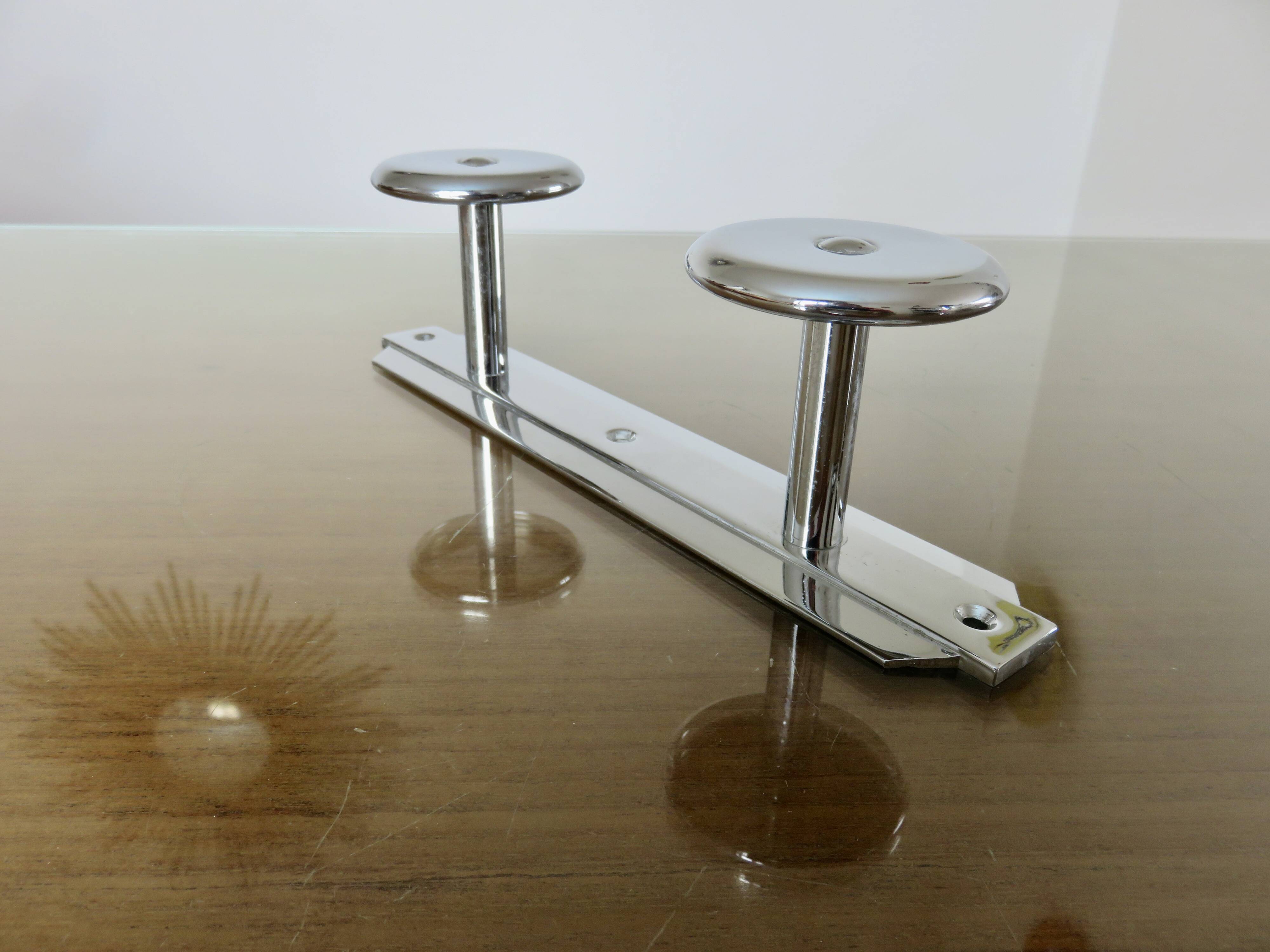Wall-mounted coat rack in chrome brass, Art Deco, 2 hooks, 1940s 50s