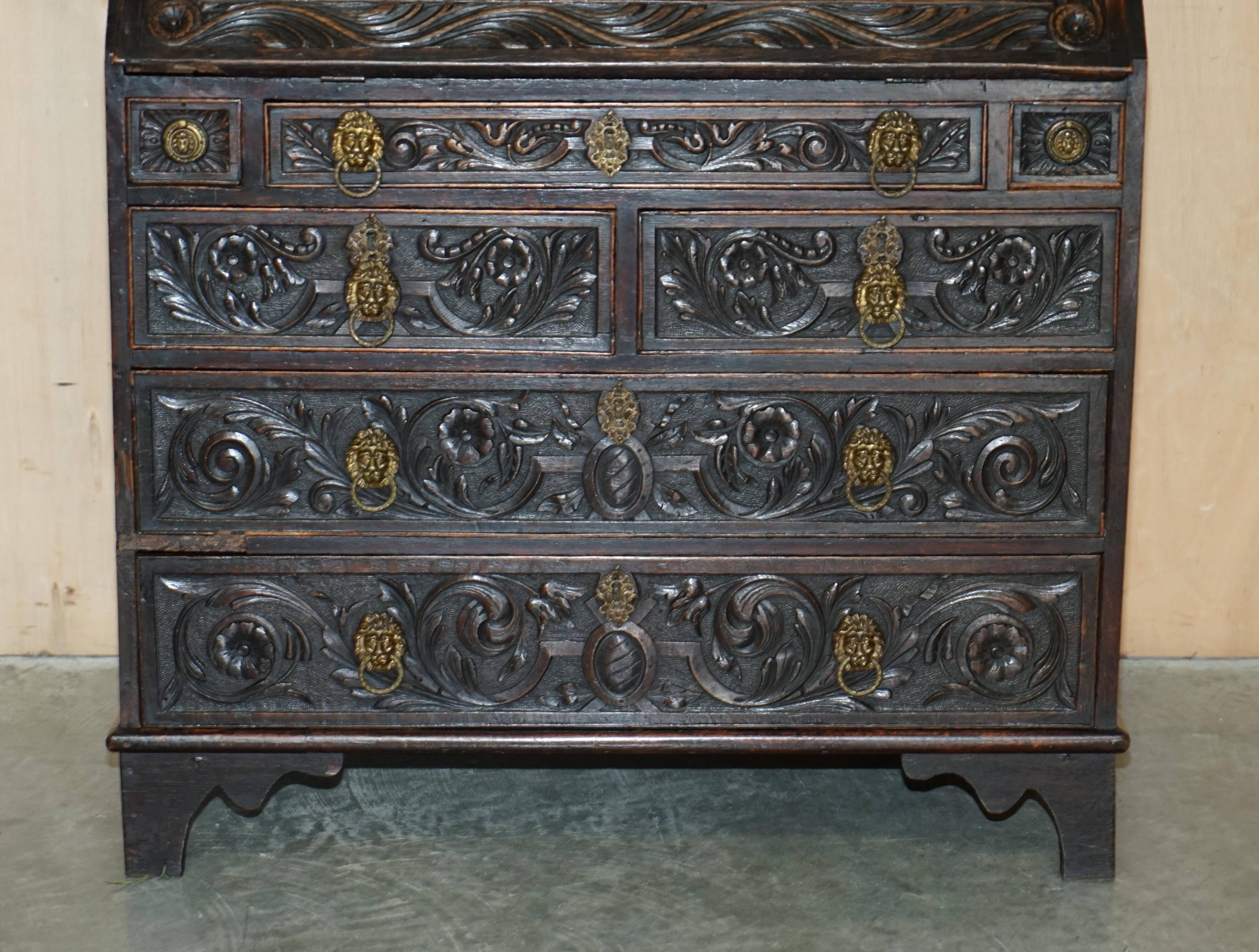 Library Desk in Carved Oak with Brass Handles