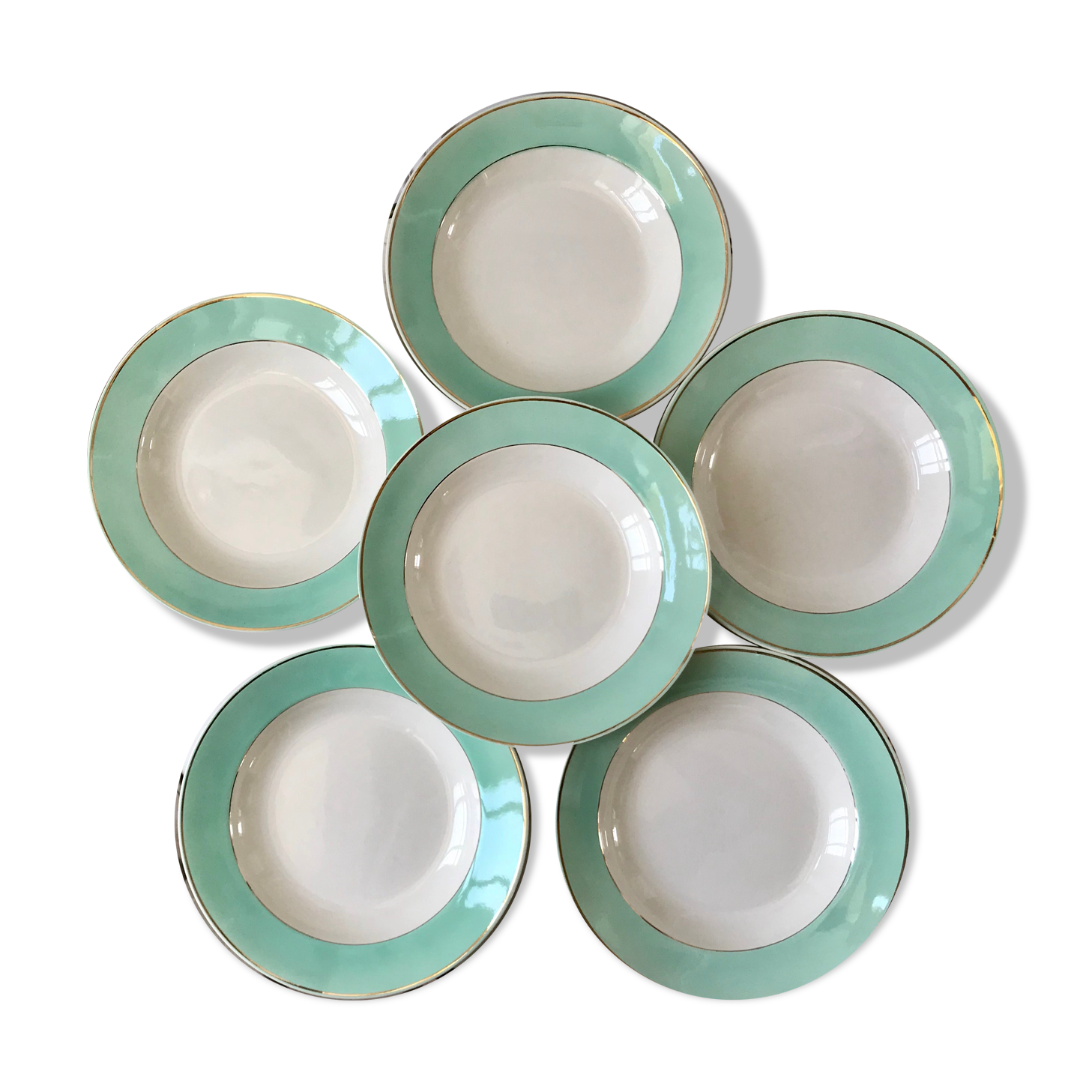 Lot de 6 assiettes creuses Longchamp couleur Céladon années 50