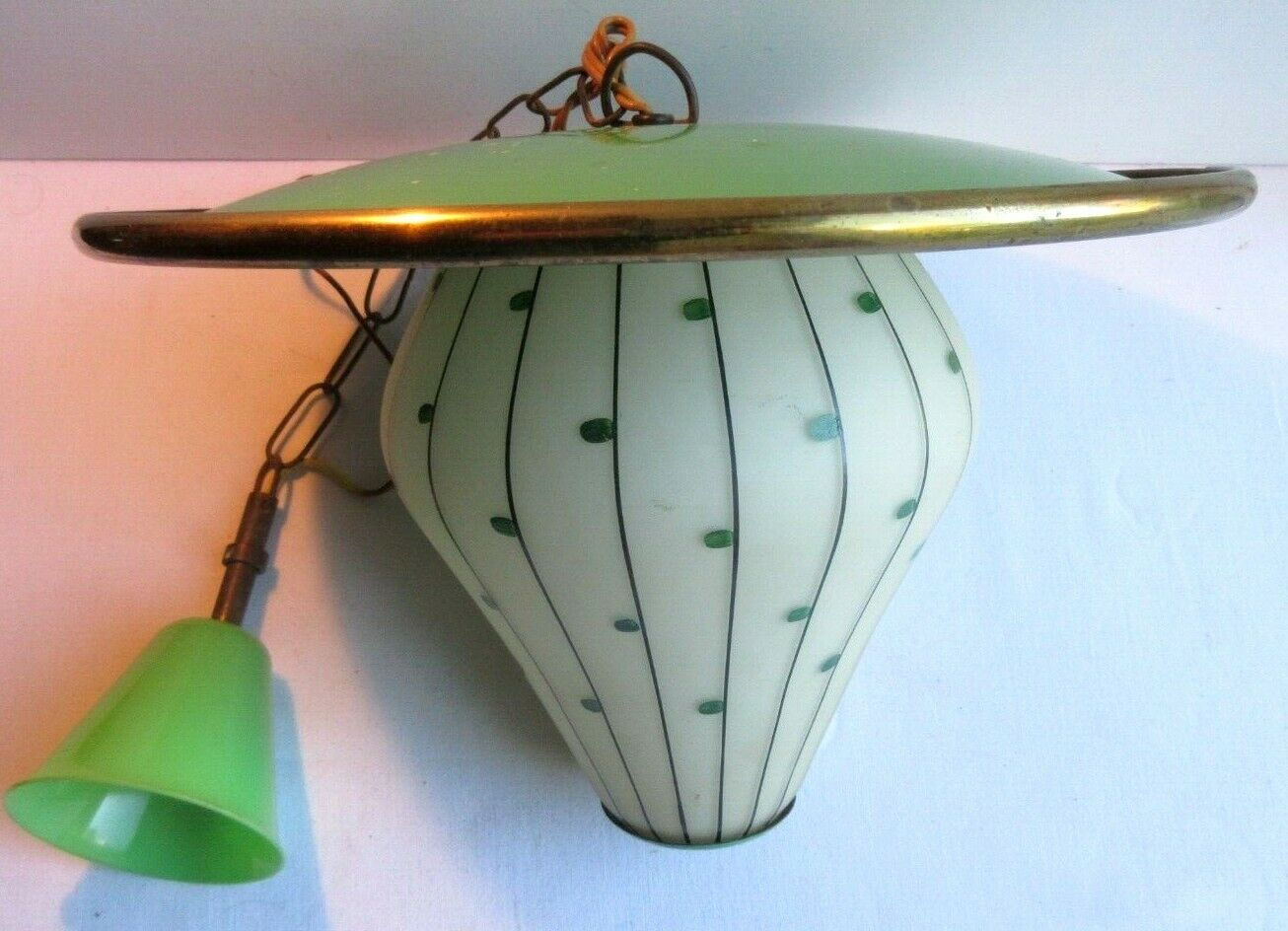 Green sheet metal and globe glass hanging lamp
