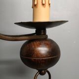 Medieval 2-light chandelier ~ hammered and patinated wrought iron ~ oak ~ 60s ~ France