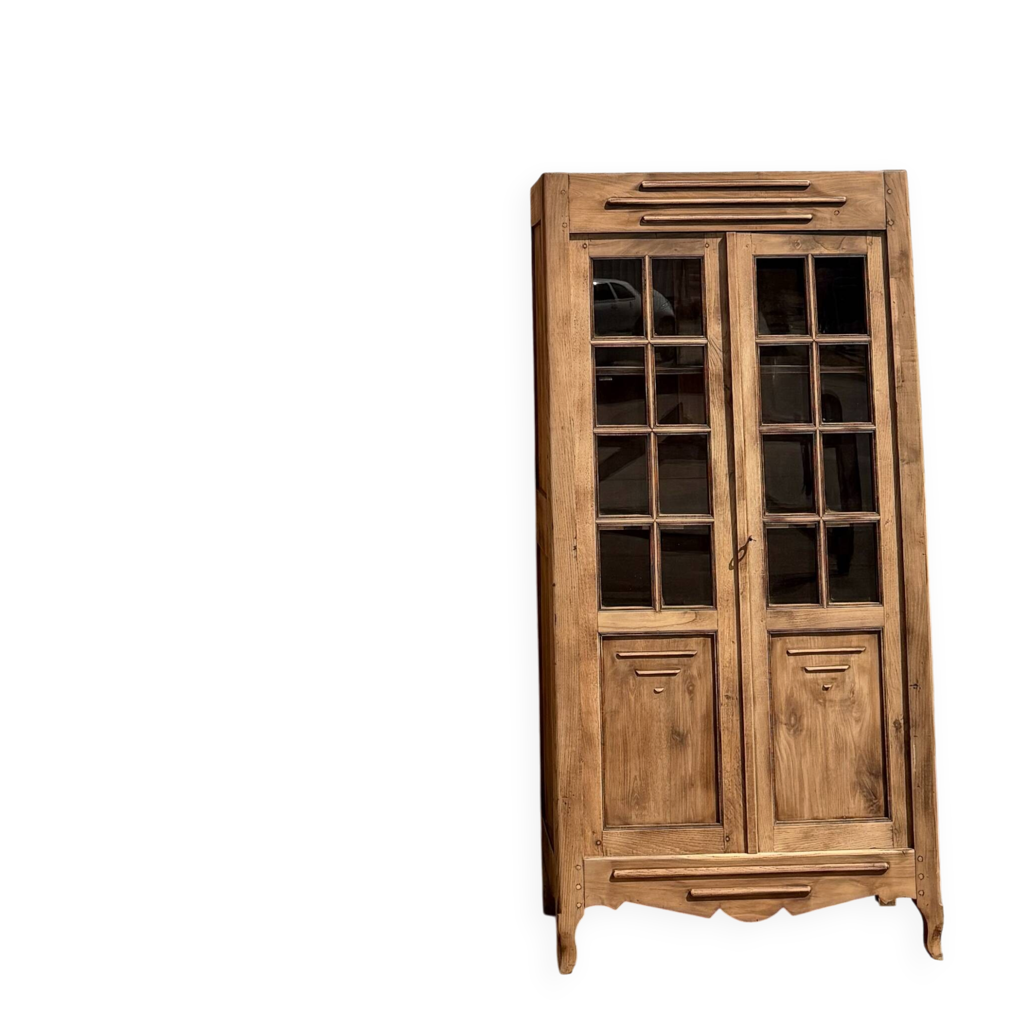 Antique glass-fronted cabinet in raw solid oak: display cabinet bookshelf.