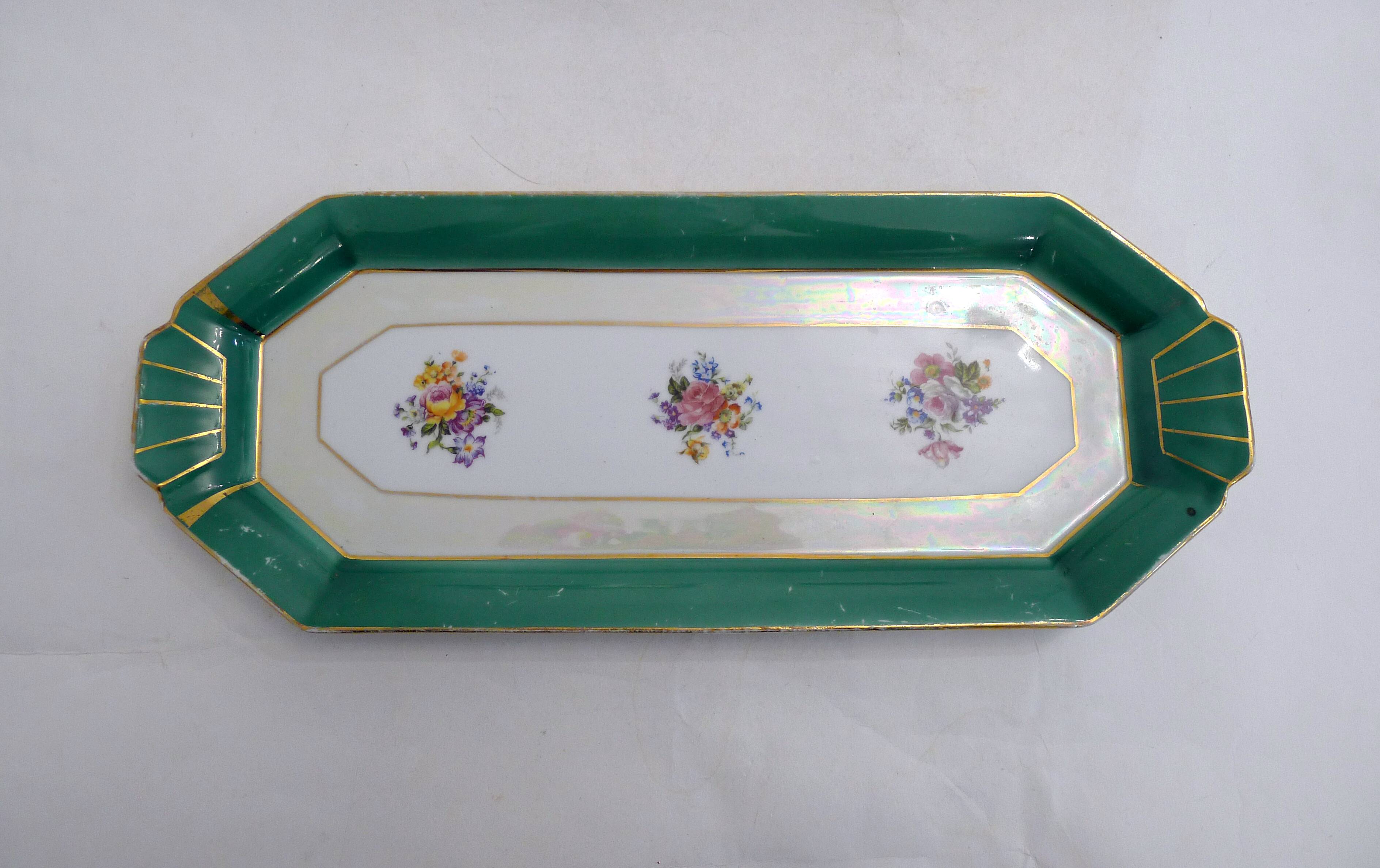 Art Deco floral iridescent cake dish in Limoges porcelain