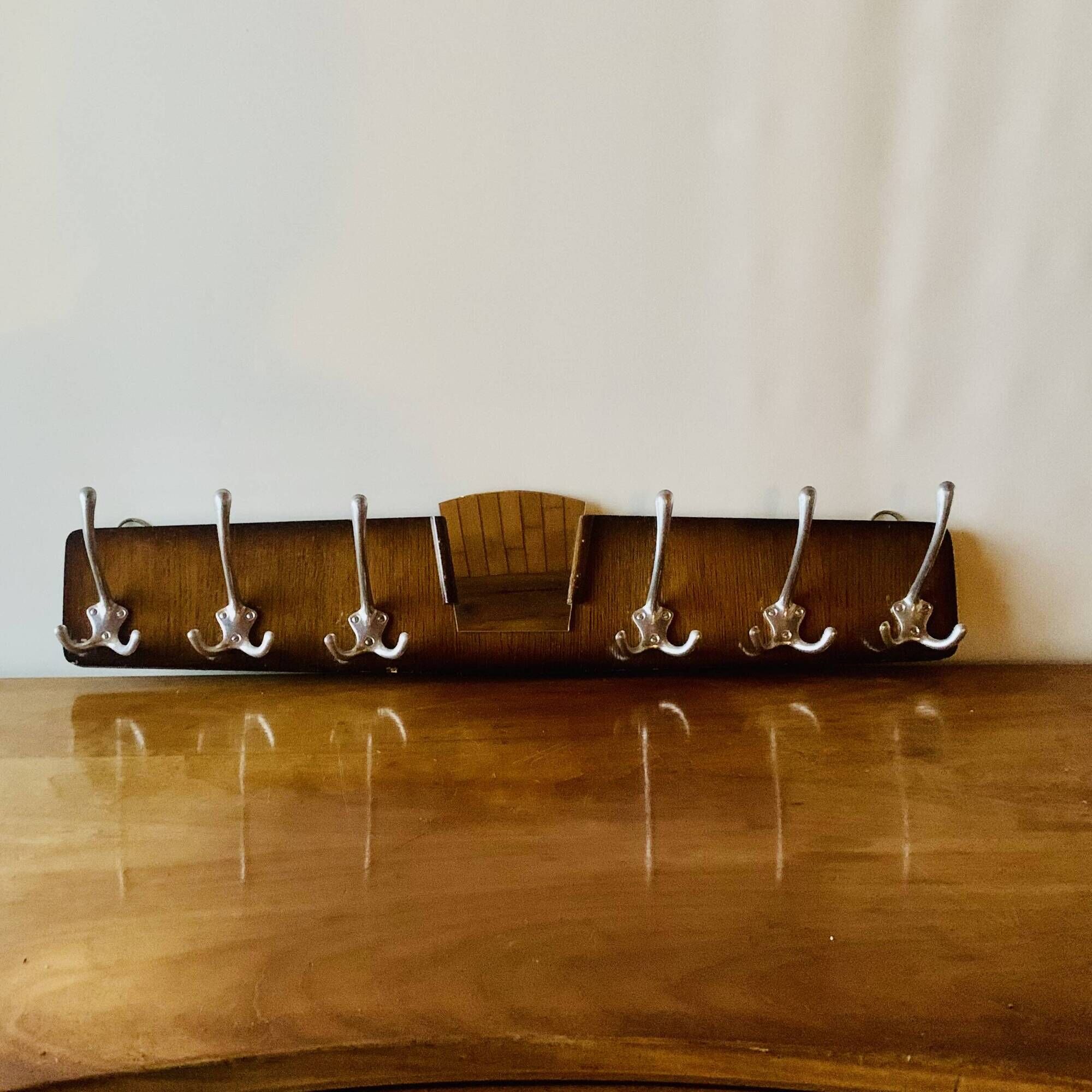 Wooden wall coat rack with vintage mirror - 6 hooks