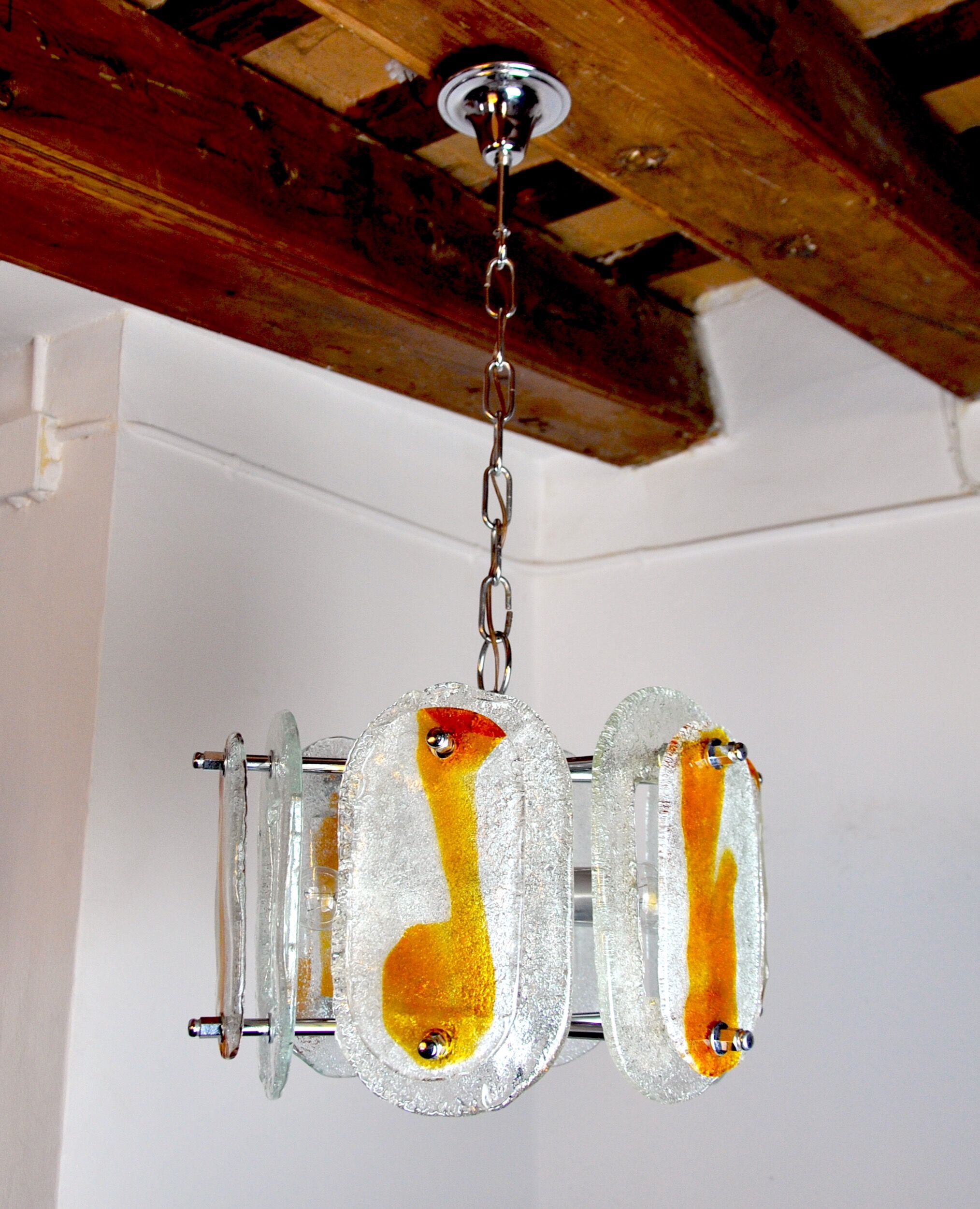 Murano mazzega chandelier, orange frosted glass, italy, 1970