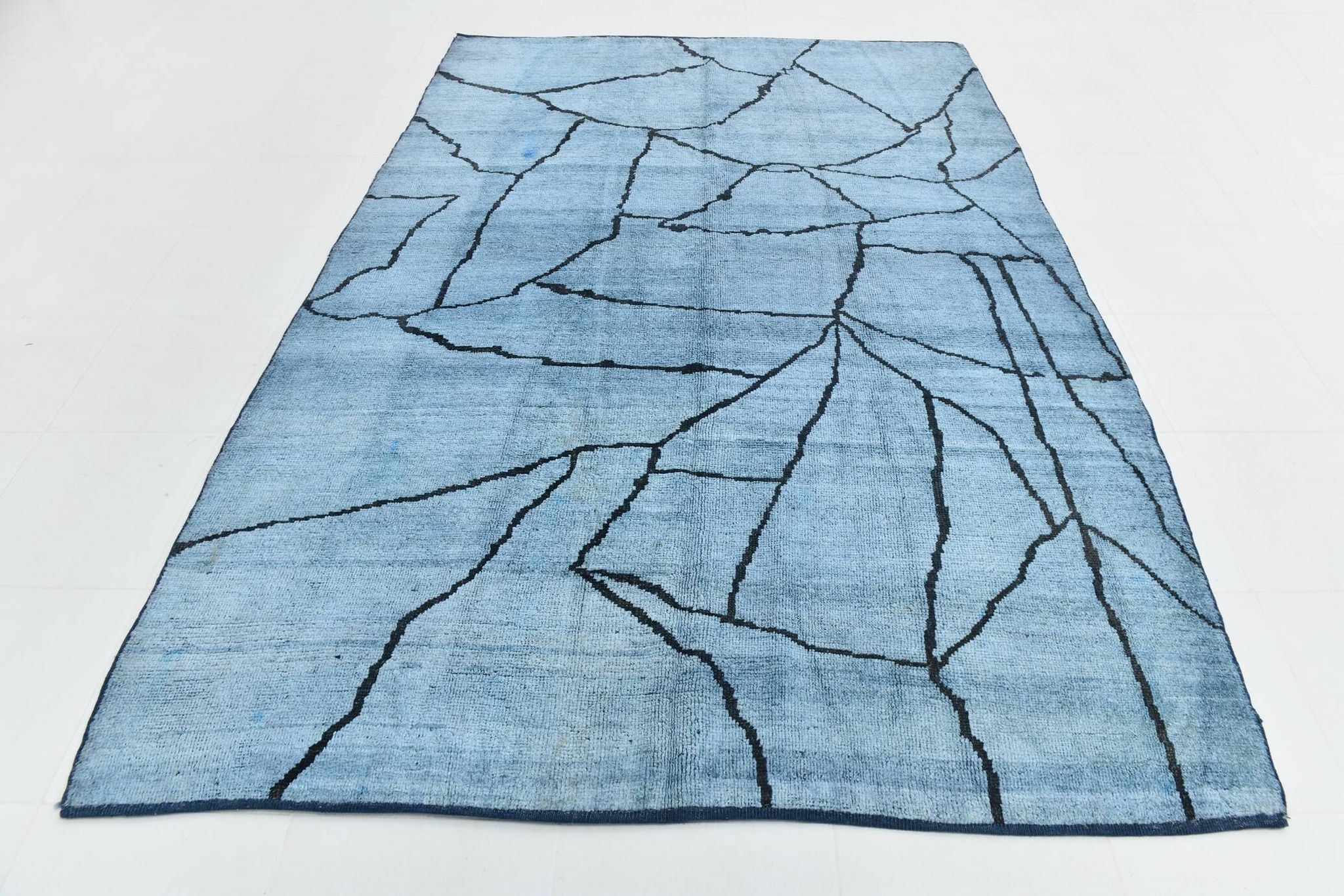 Sky Blue Wool Rug, Modern Handmade Designer Vintage Carpet, 213x281 Cm