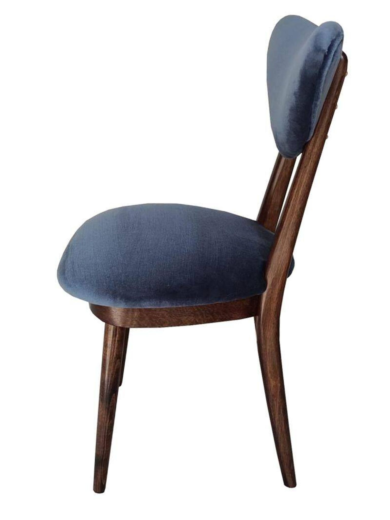 Heart-shaped blue velvet chair with walnut wood, mid-century, Poland, 1960s.
