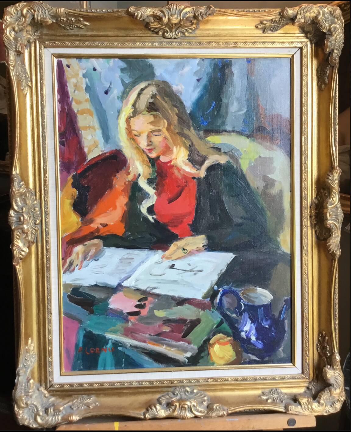 Pierre Cornu. 20th century. Portrait of a young woman reading. Oil on canvas