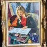 Pierre Cornu. 20th century. Portrait of a young woman reading. Oil on canvas