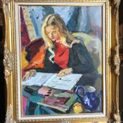 Pierre Cornu. 20th century. Portrait of a young woman reading. Oil on canvas