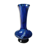 Long flared neck ball vase. Smoked scrolls in cobalt blue art glass, 30cm