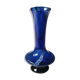Long flared neck ball vase. Smoked scrolls in cobalt blue art glass, 30cm
