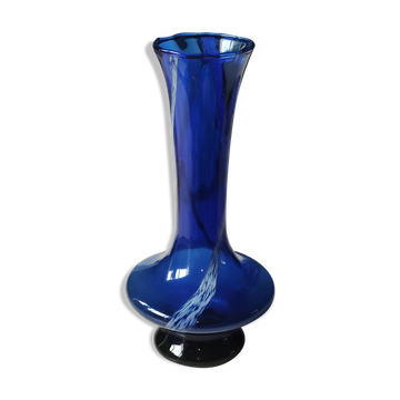 Long flared neck ball vase. Smoked scrolls in cobalt blue art glass, 30cm