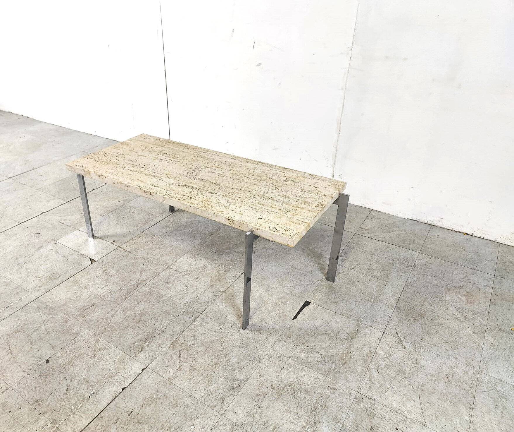 Table basse vintage en travertin et chrome, années 1970