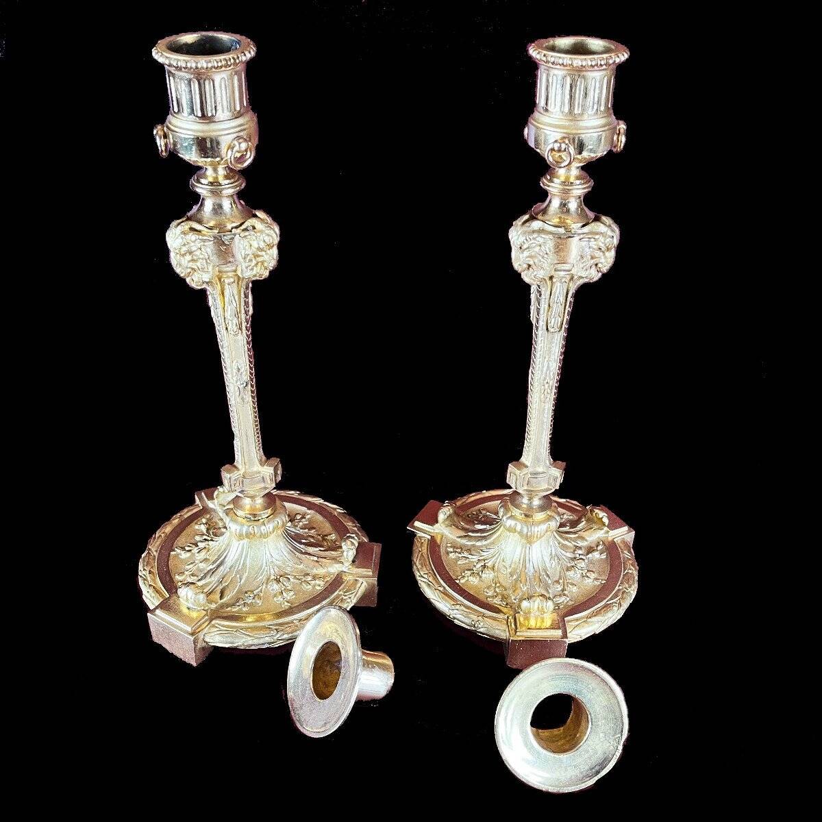 Paire de bougeoirs en bronze doré et ciselé Maison Marnyhac, 19ème siècle