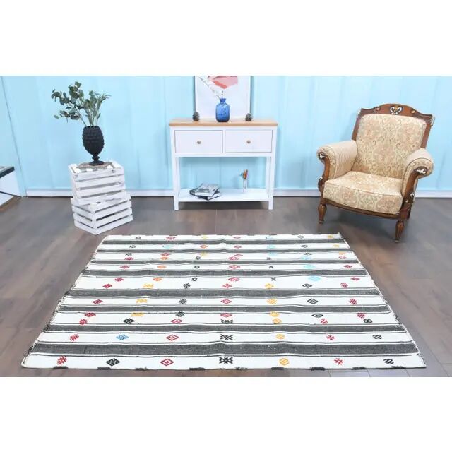 Vintage Turkish Oushak Handmade Cotton White Wool Kilim Area Rug 147x202