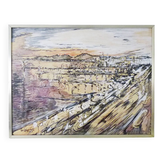 Mixed media on panel signed La Cabane, sea view. 1970s