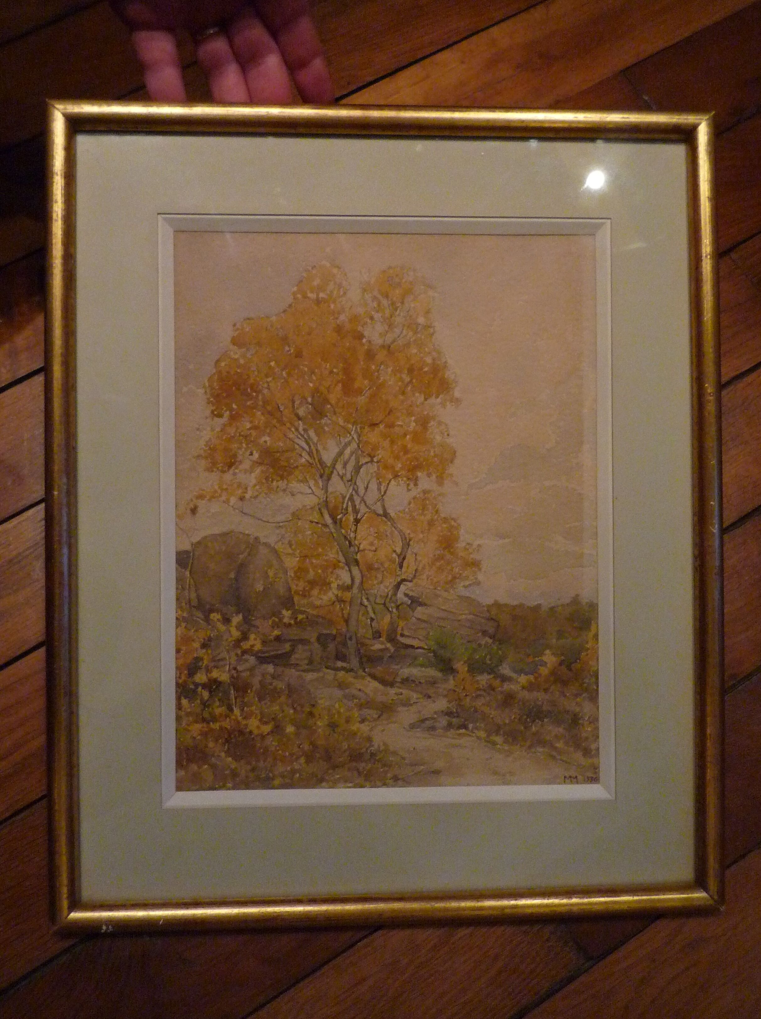 Framed watercolor, autumn landscape in Fontainebleau, 1936