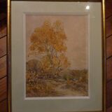 Aquarelle encadrée, paysage d'automne à Fontainebleau, 1936