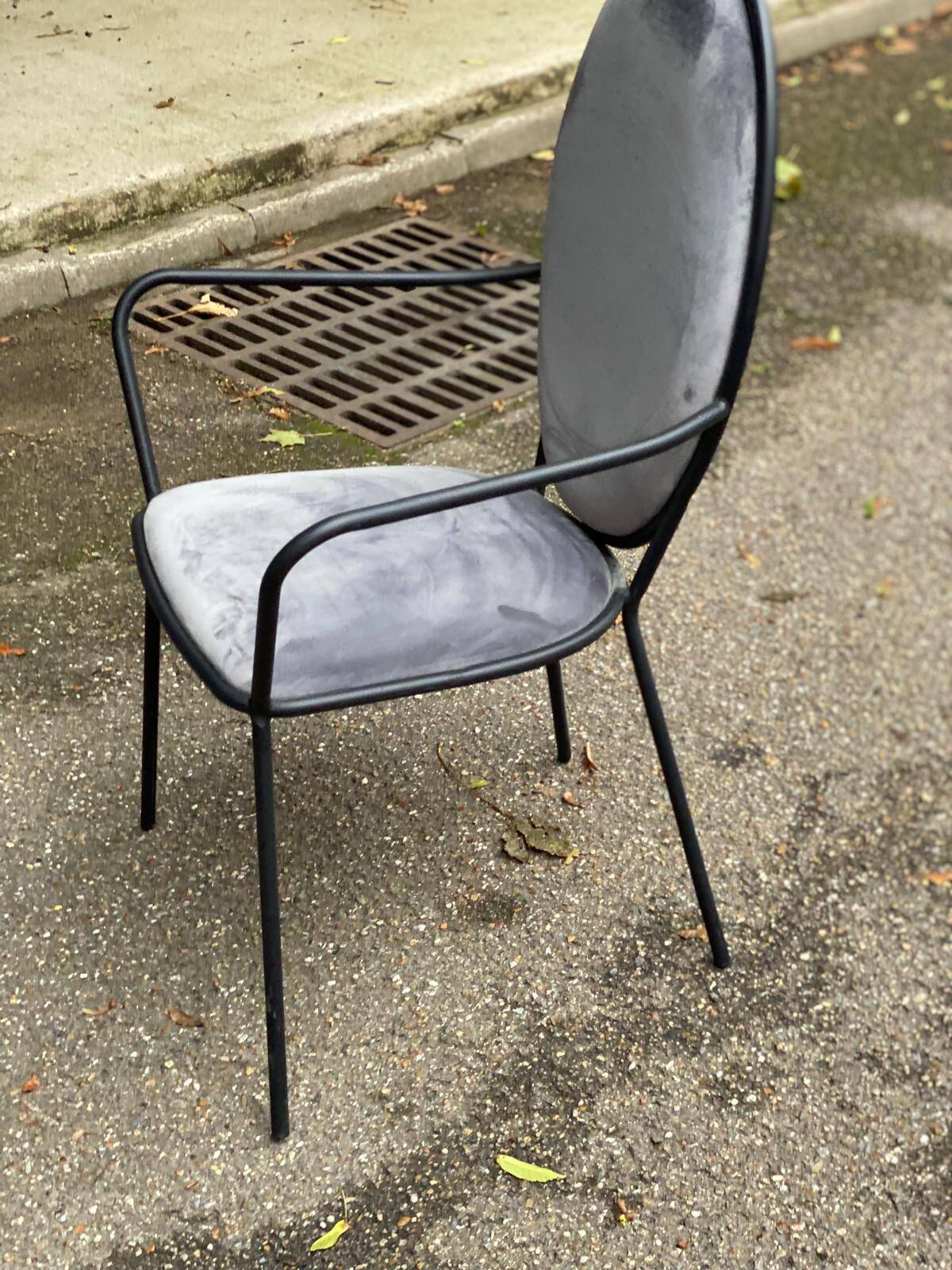 6 black and grey velvet medallion dining chairs with armrests