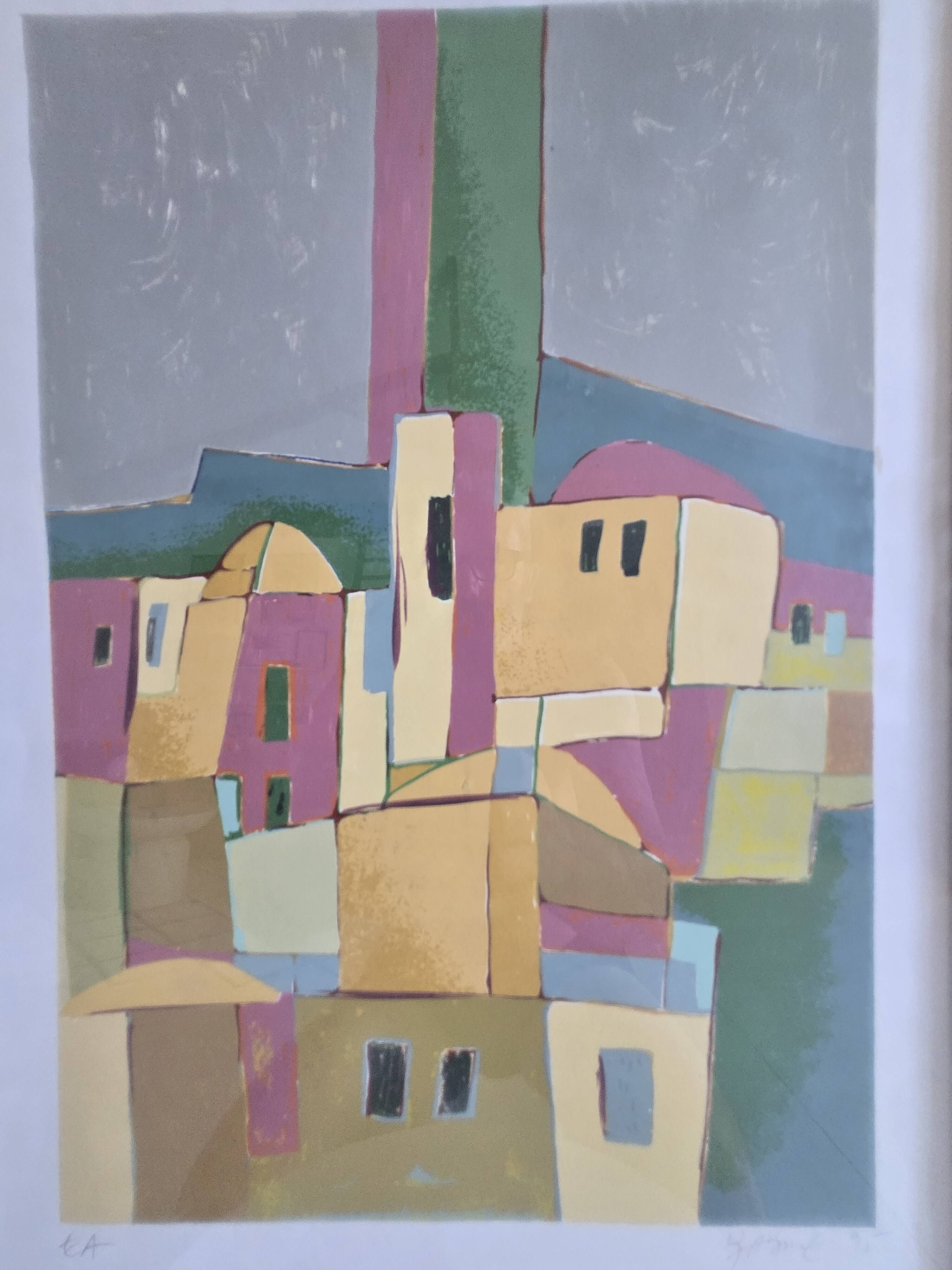 Lithograph Abderrahmane RAHOULE (1944) — "Village" dated 1995