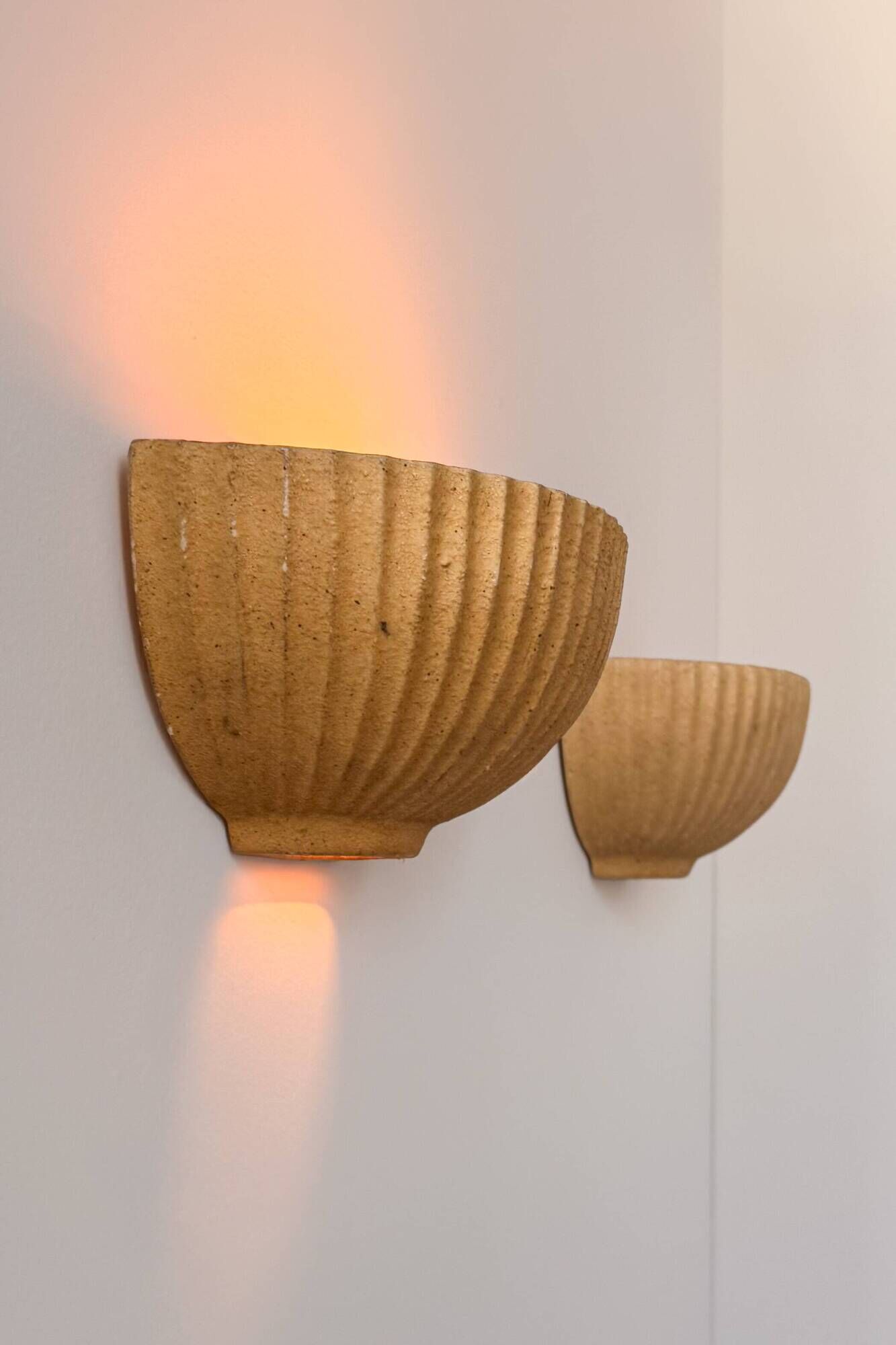 Pair of vintage beige ceramic wall lights, France, 1970.
