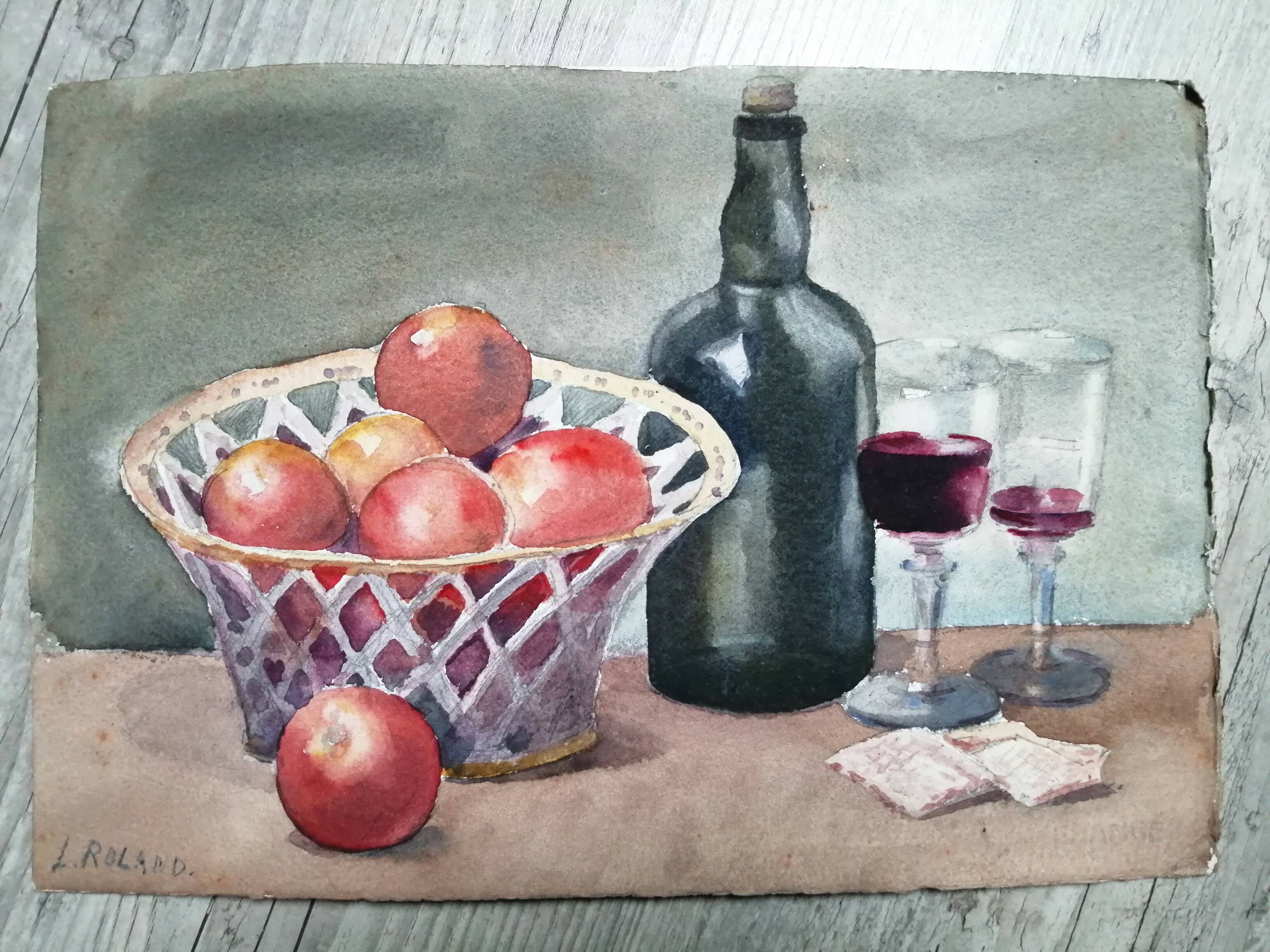 Still life "wines and fruits" Watercolor signed L.Roland