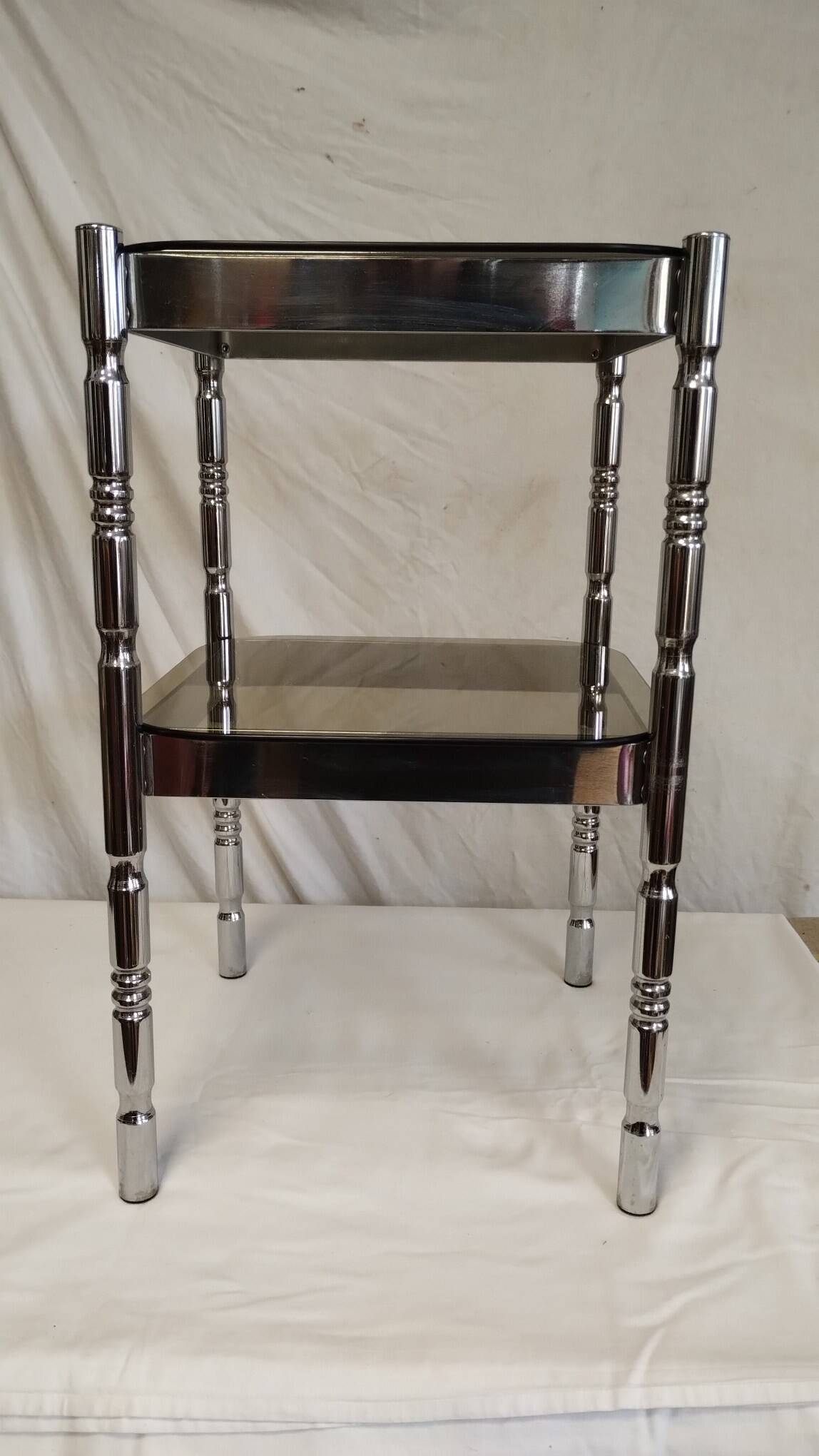 Bedside or side table in chromed steel with green smoked glass from the 70s