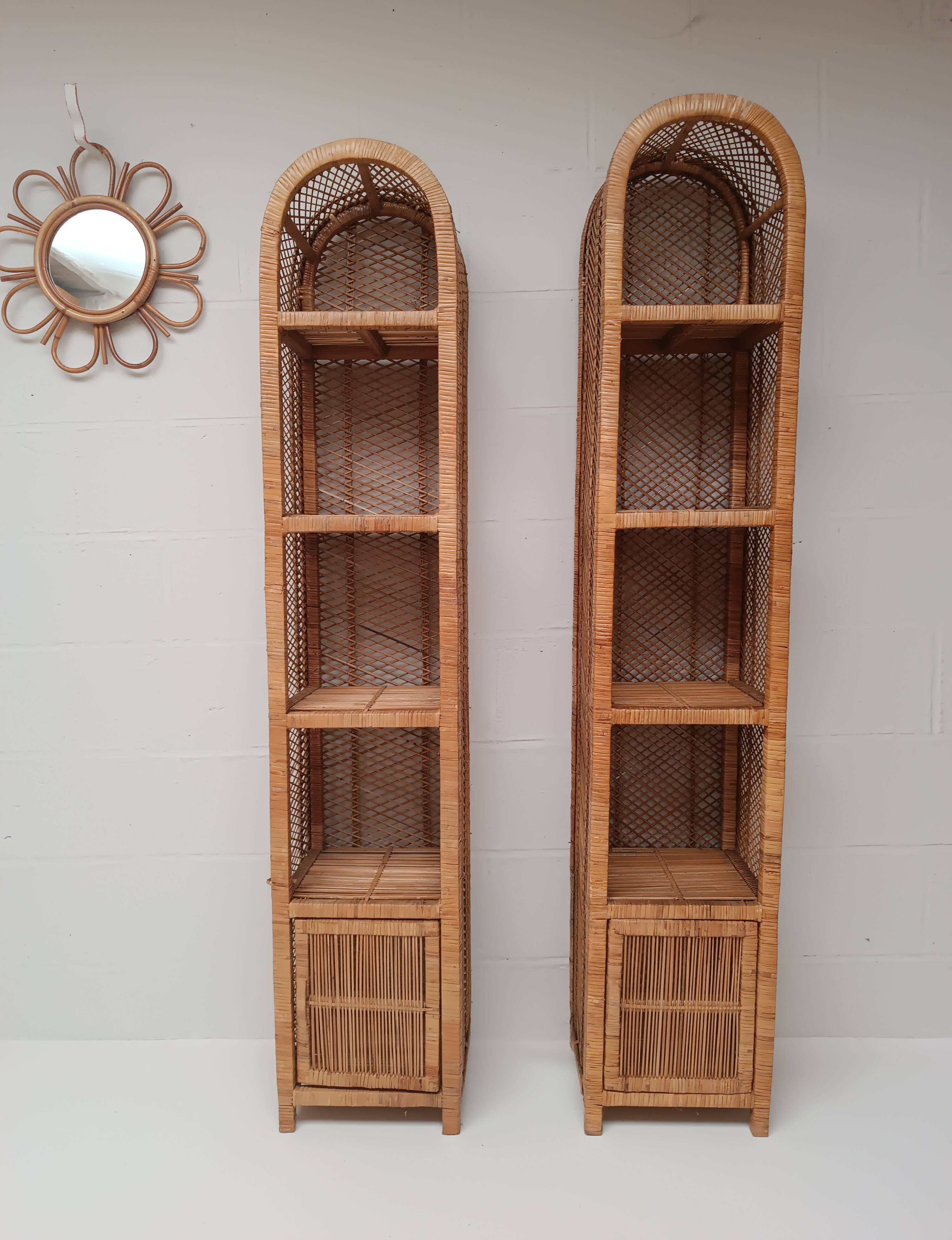 Pair of slim rattan shelves