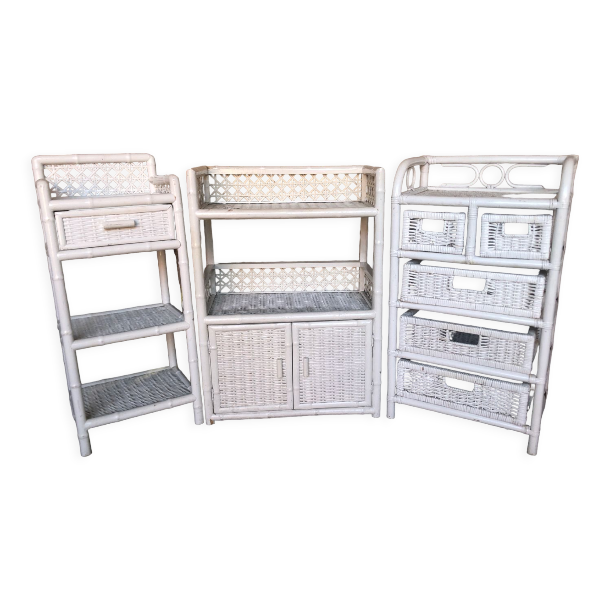 Lot 3 meubles commodes rotin blanc vintage