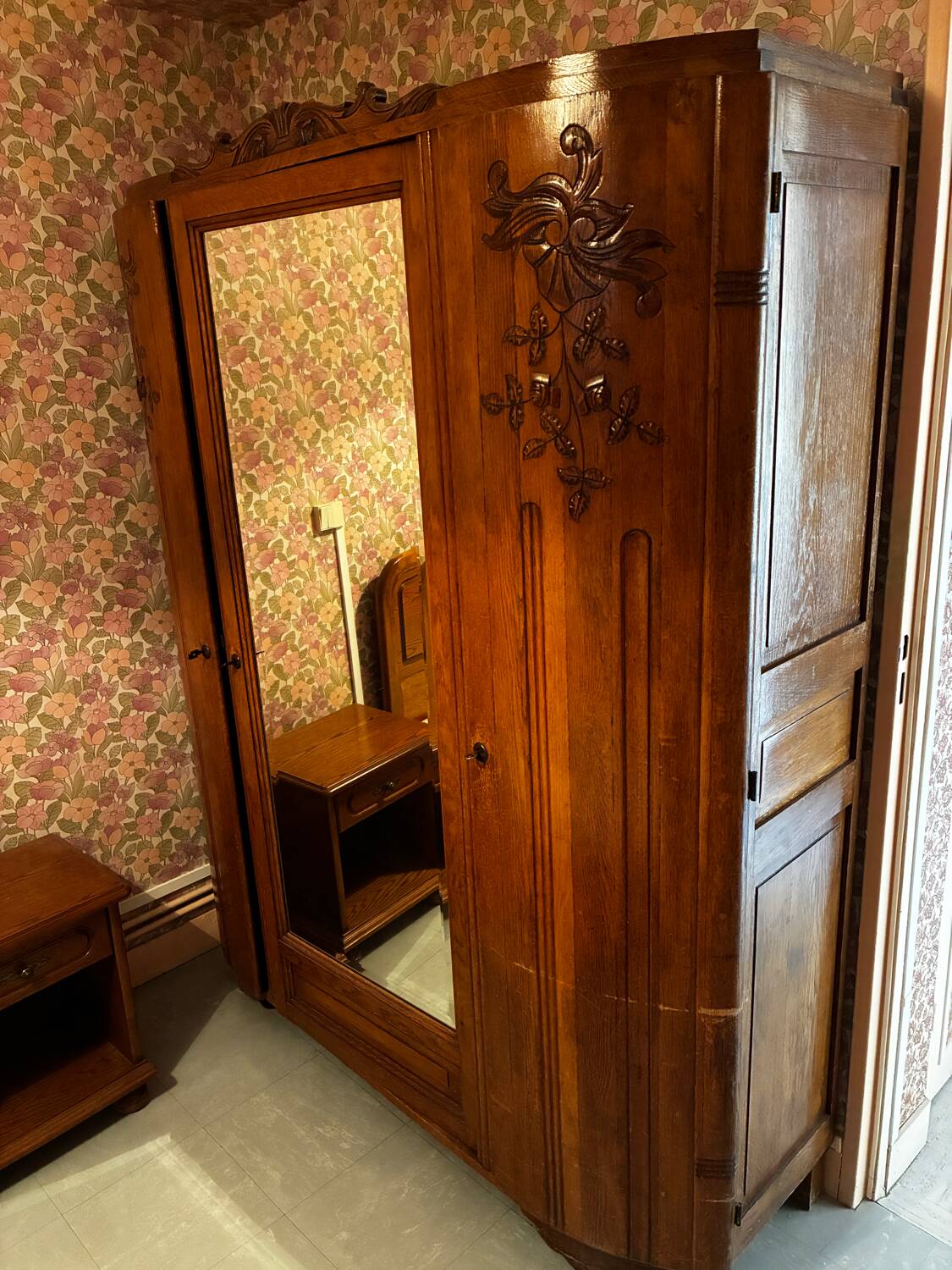 Antique Art Deco solid wood wardrobe with mirror