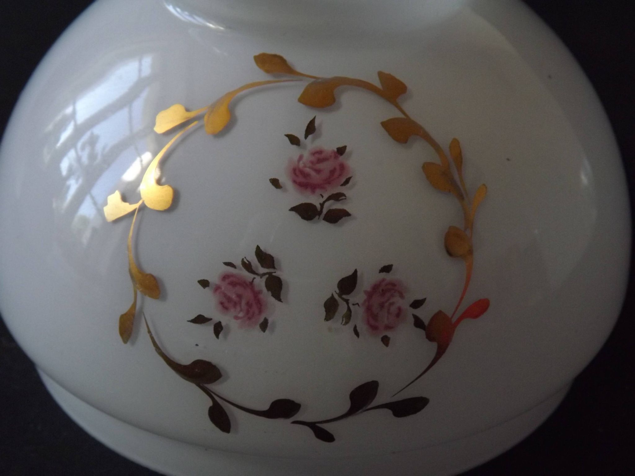 Pair of Vintage White Milk Glass Lamp Shades With Pink Roses & Gold Foliage