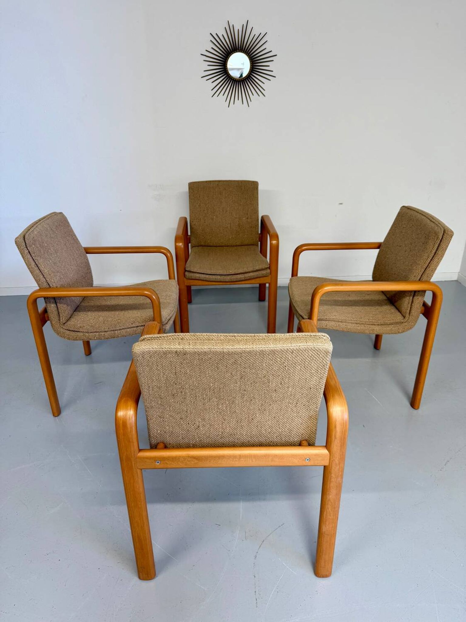 4 armchairs with armrests in beech and fabric, 1970s vintage design.