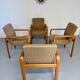 4 armchairs with armrests in beech and fabric, 1970s vintage design.