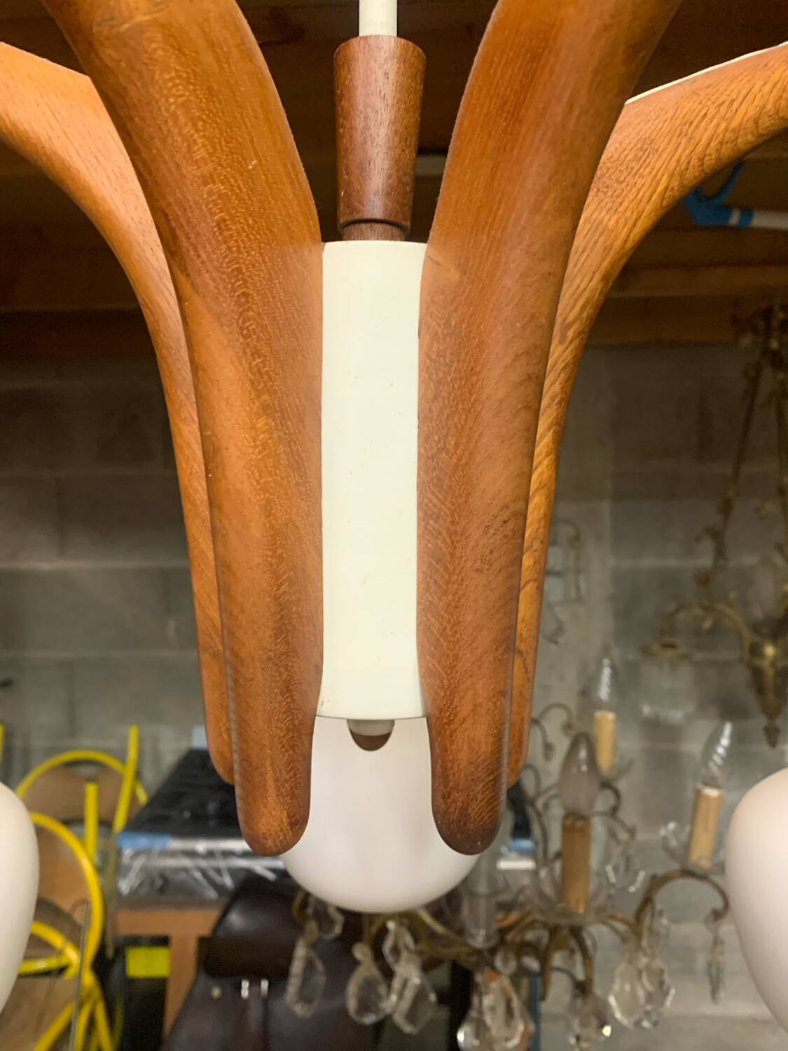 Teak and opaline Rispal chandelier, circa 1960.