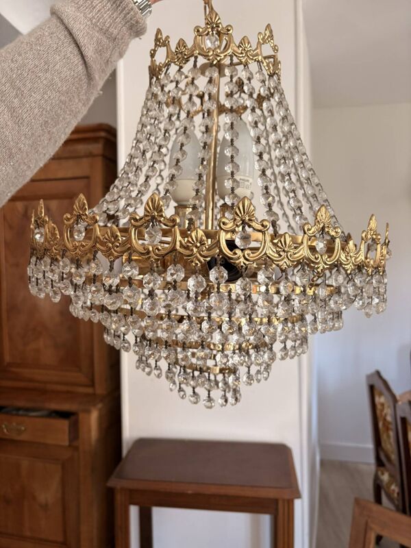 Lustre montgolfière 4 lumières ancien en laiton doré de style Empire