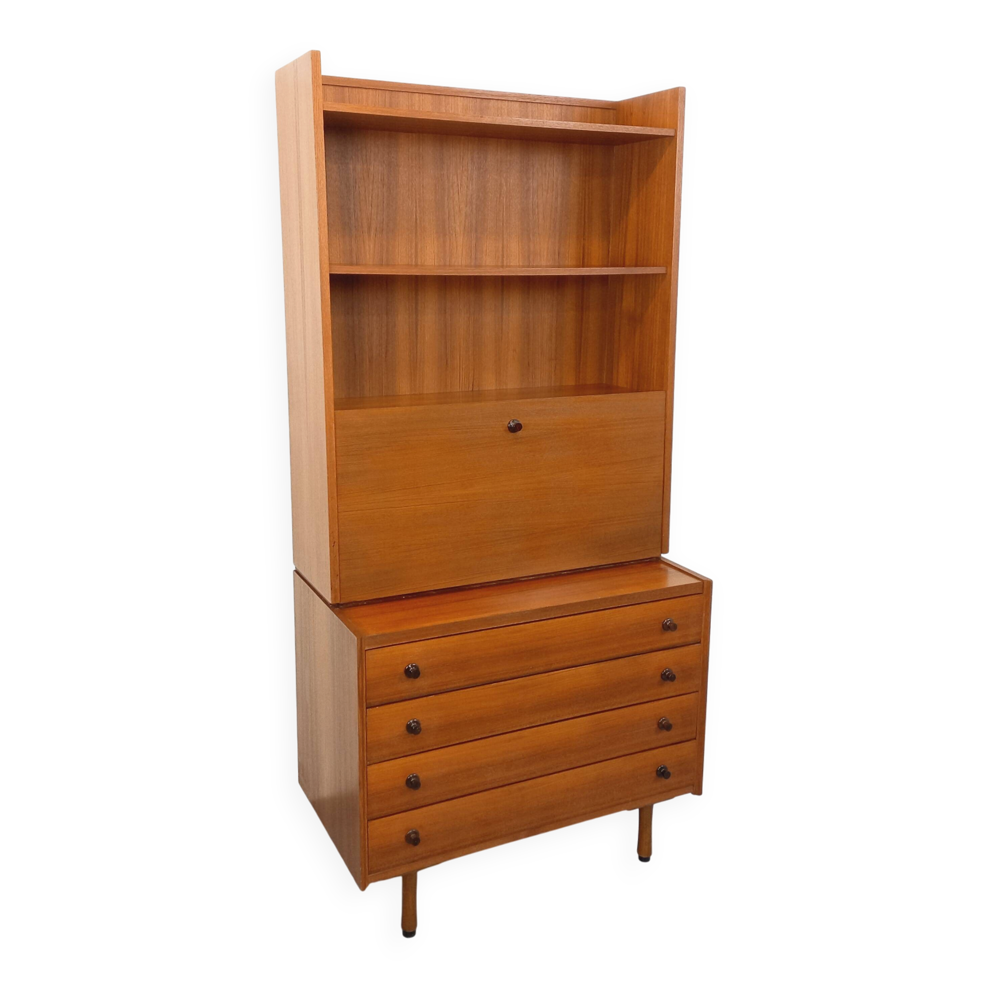 Vintage teak secretary bookcase with storage chest.