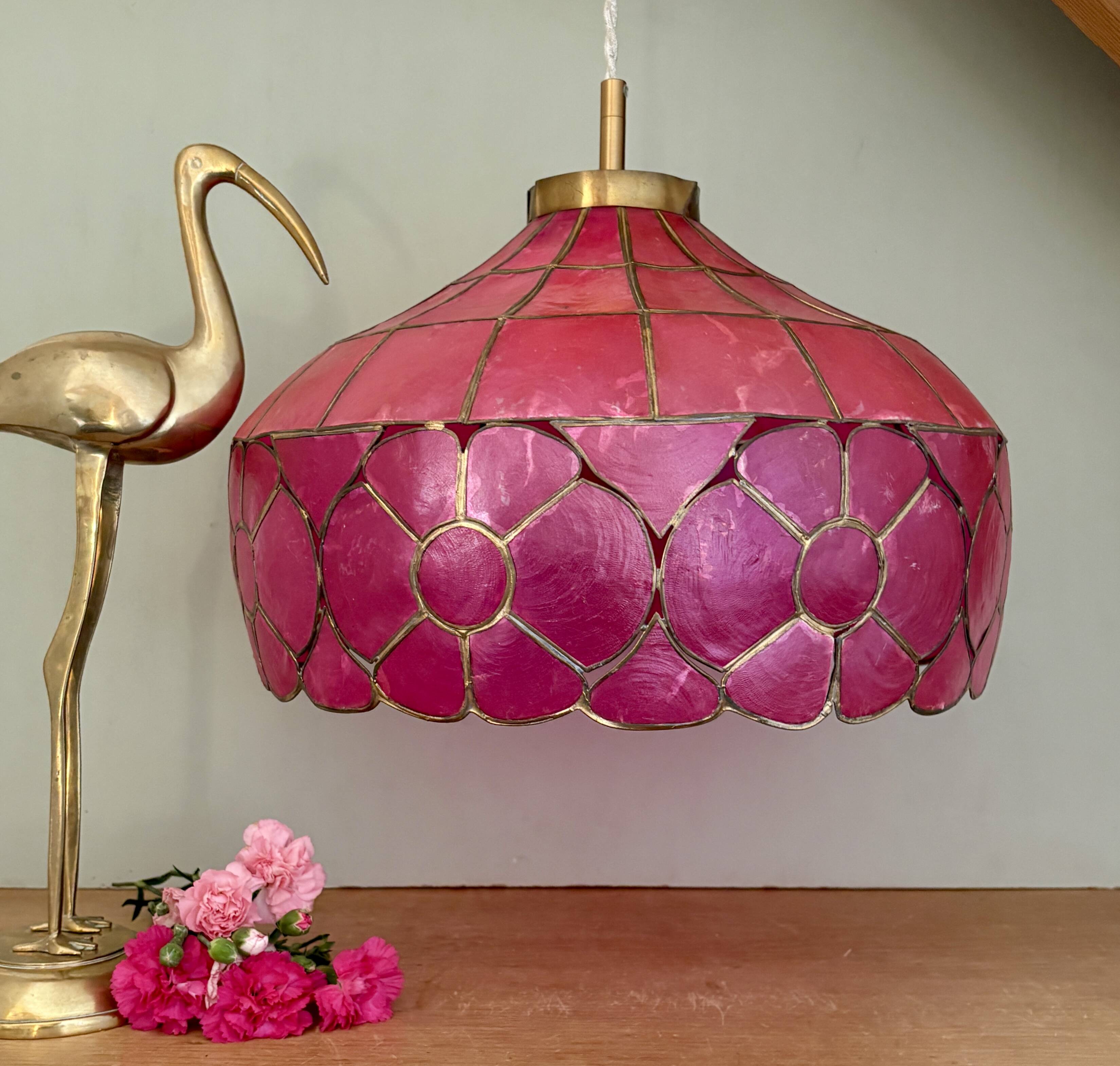 Suspension abat-jour vintage en nacre rose