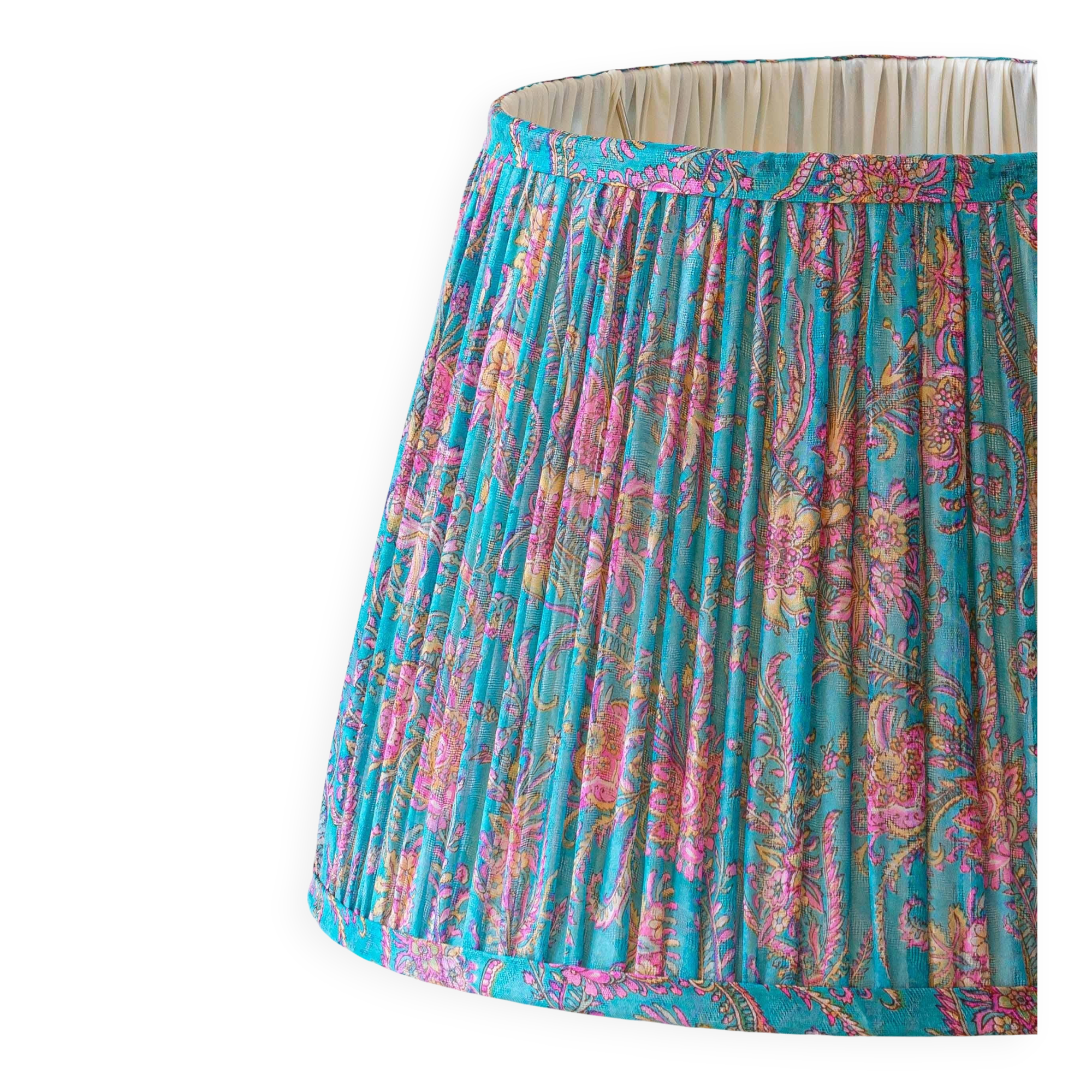 New handcrafted lampshade in vintage silk sari, turquoise pink floral.