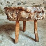 Brutalist stool in solid cherry wood – France circa 1900