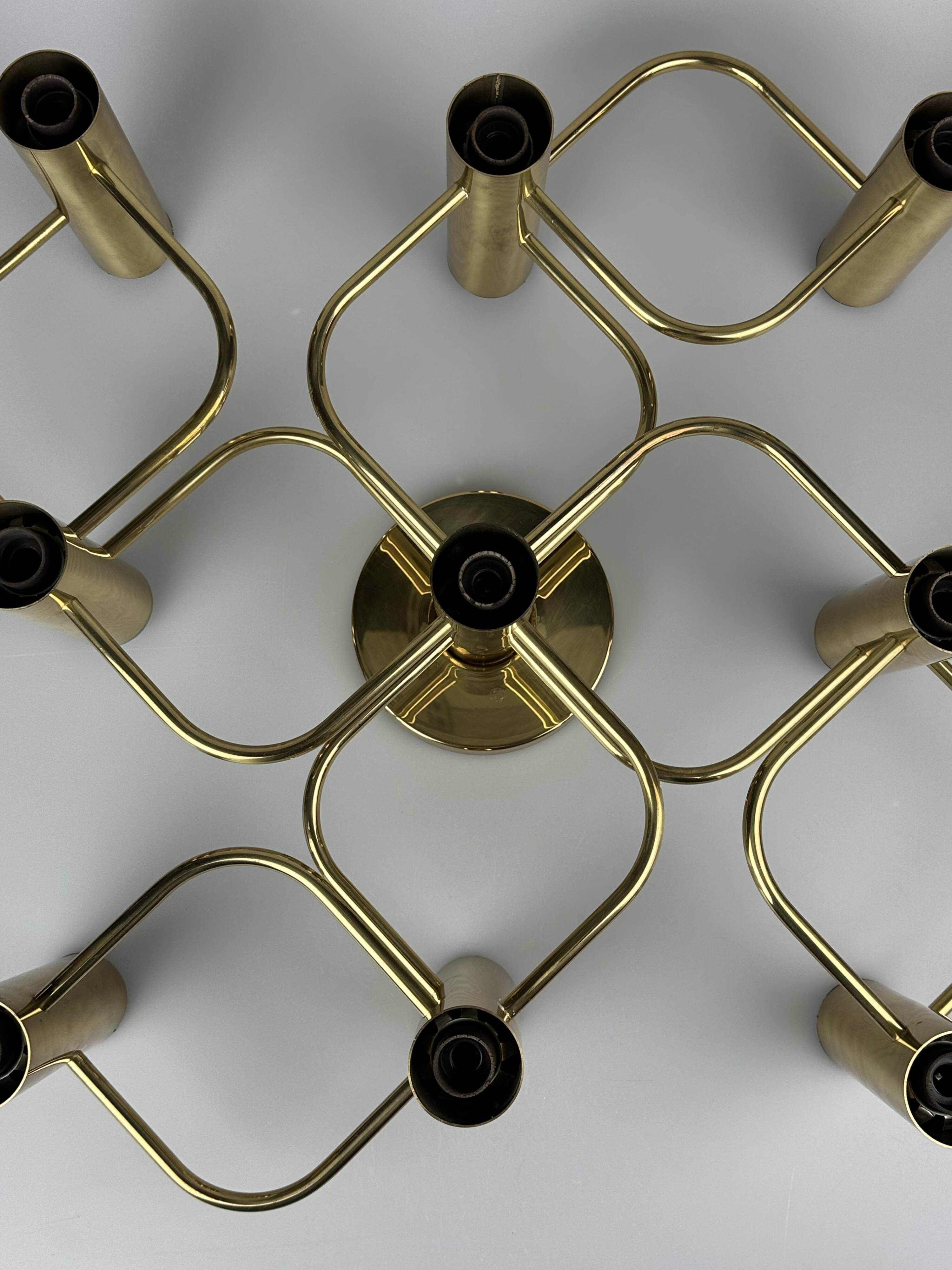 60s 70s 9-bulb ceiling lamp from Leola Leuchten Germany in brass