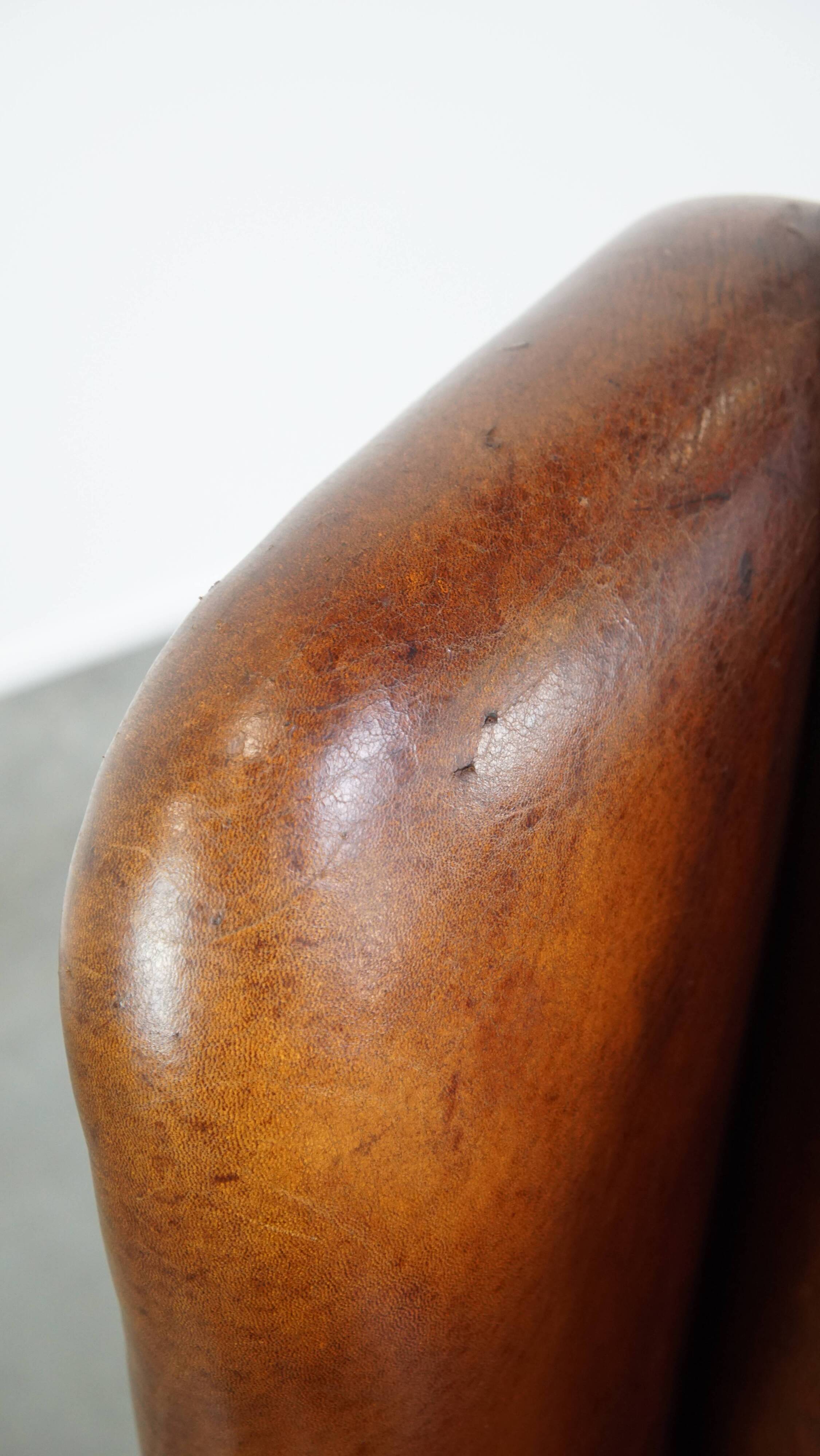 Large Vintage Sheepskin Leather Wingback Chair