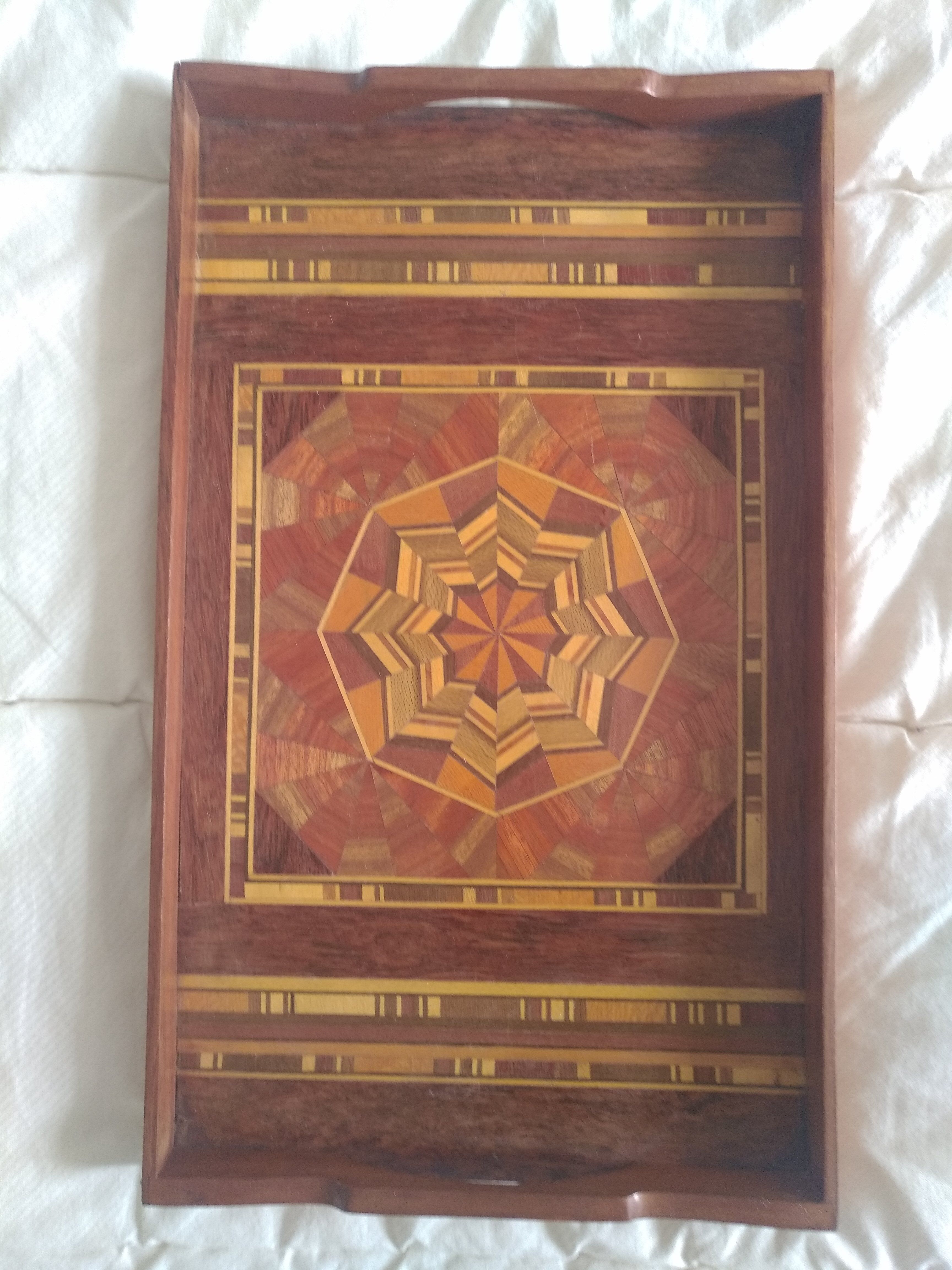 Old vintage marquetry wooden tray